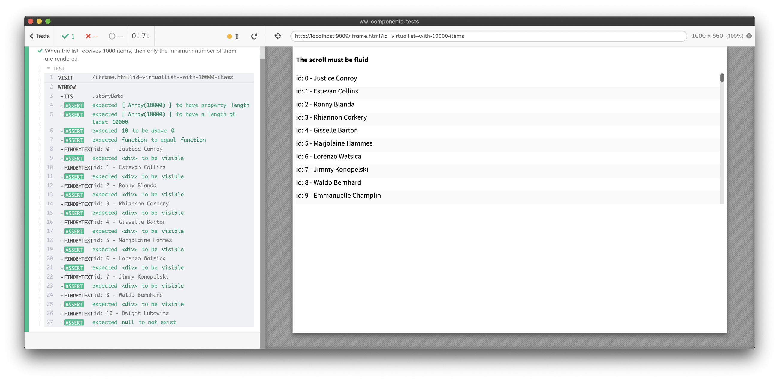 The Cypress controlled browser, all the assertion results on the left and the Storybook story on the right.