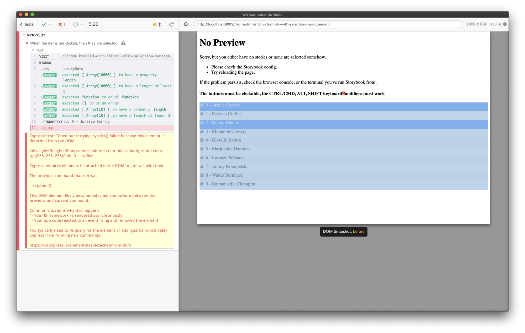 The No Preview error of Storybook, shown into the Cypress test.